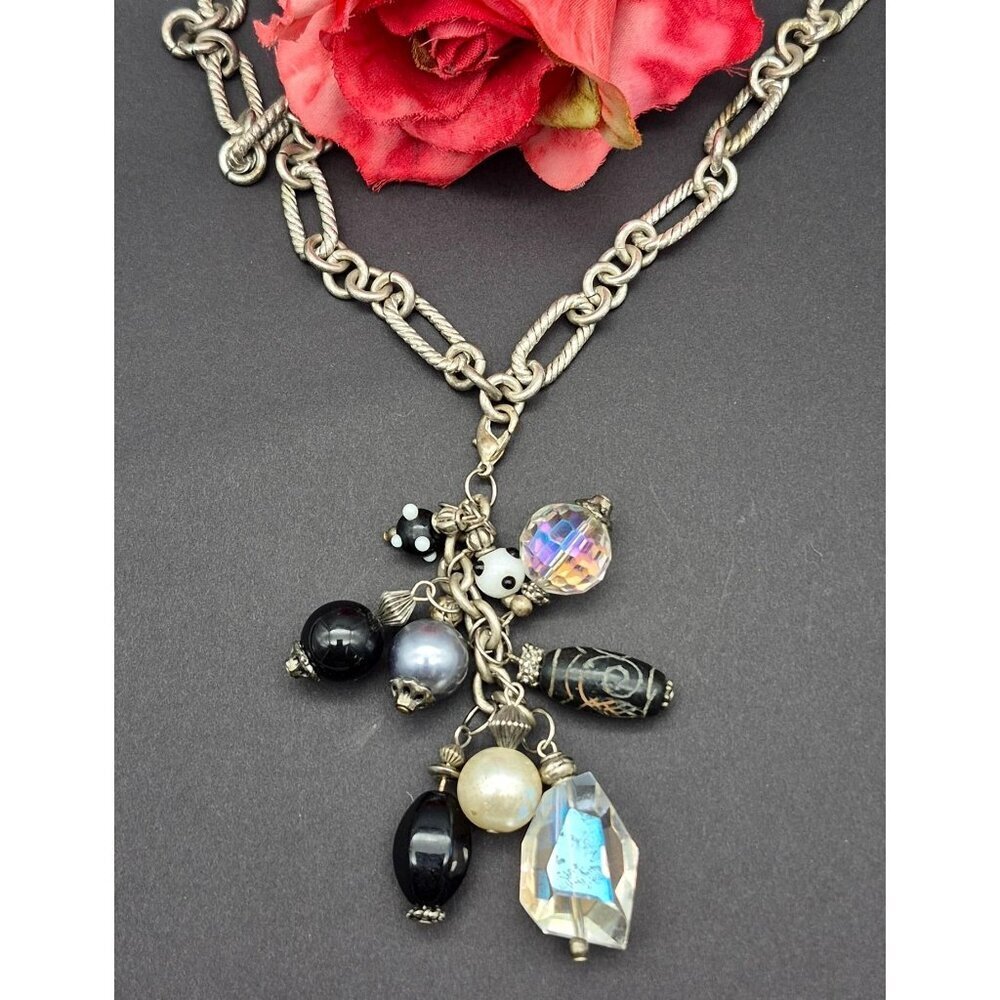 Silver Tone Toggle Necklace Textured Link Multi Beaded Pendant Dangle Tassel 20"